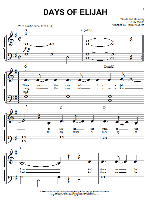 Robin Mark Days Of Elijah Sheet Music Notes & Chords for Piano (Big Notes) - Download or Print PDF