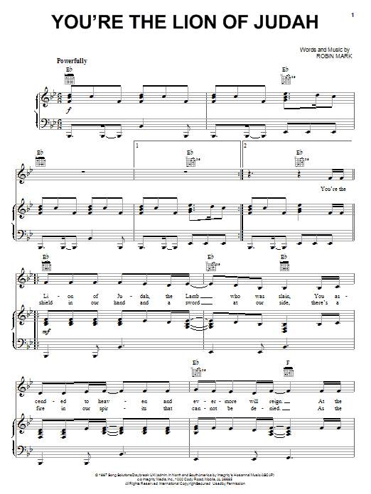 Robin Mark You're The Lion Of Judah Sheet Music Notes & Chords for Piano, Vocal & Guitar (Right-Hand Melody) - Download or Print PDF