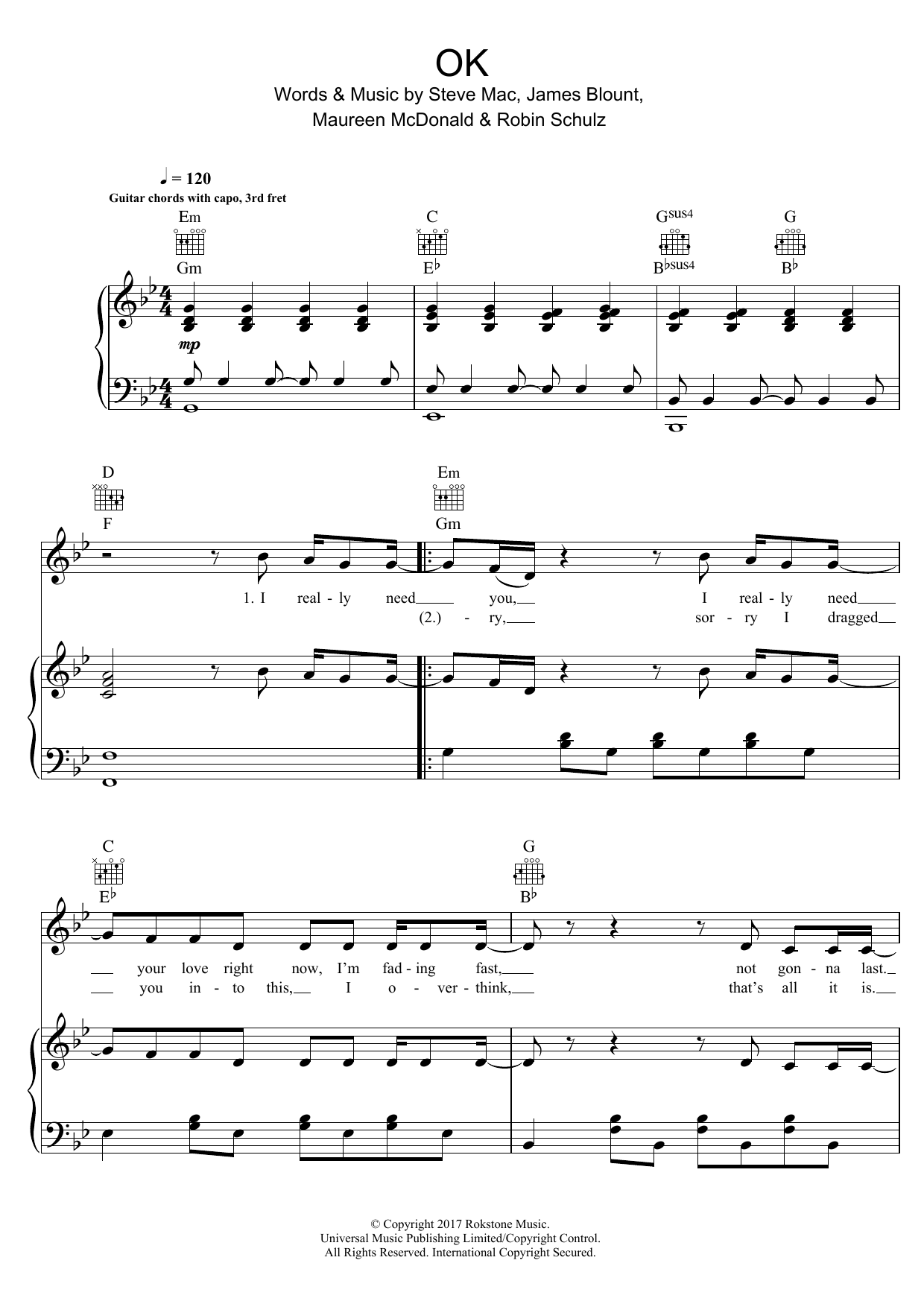 Robin Schulz OK (featuring James Blunt) Sheet Music Notes & Chords for Piano, Vocal & Guitar (Right-Hand Melody) - Download or Print PDF