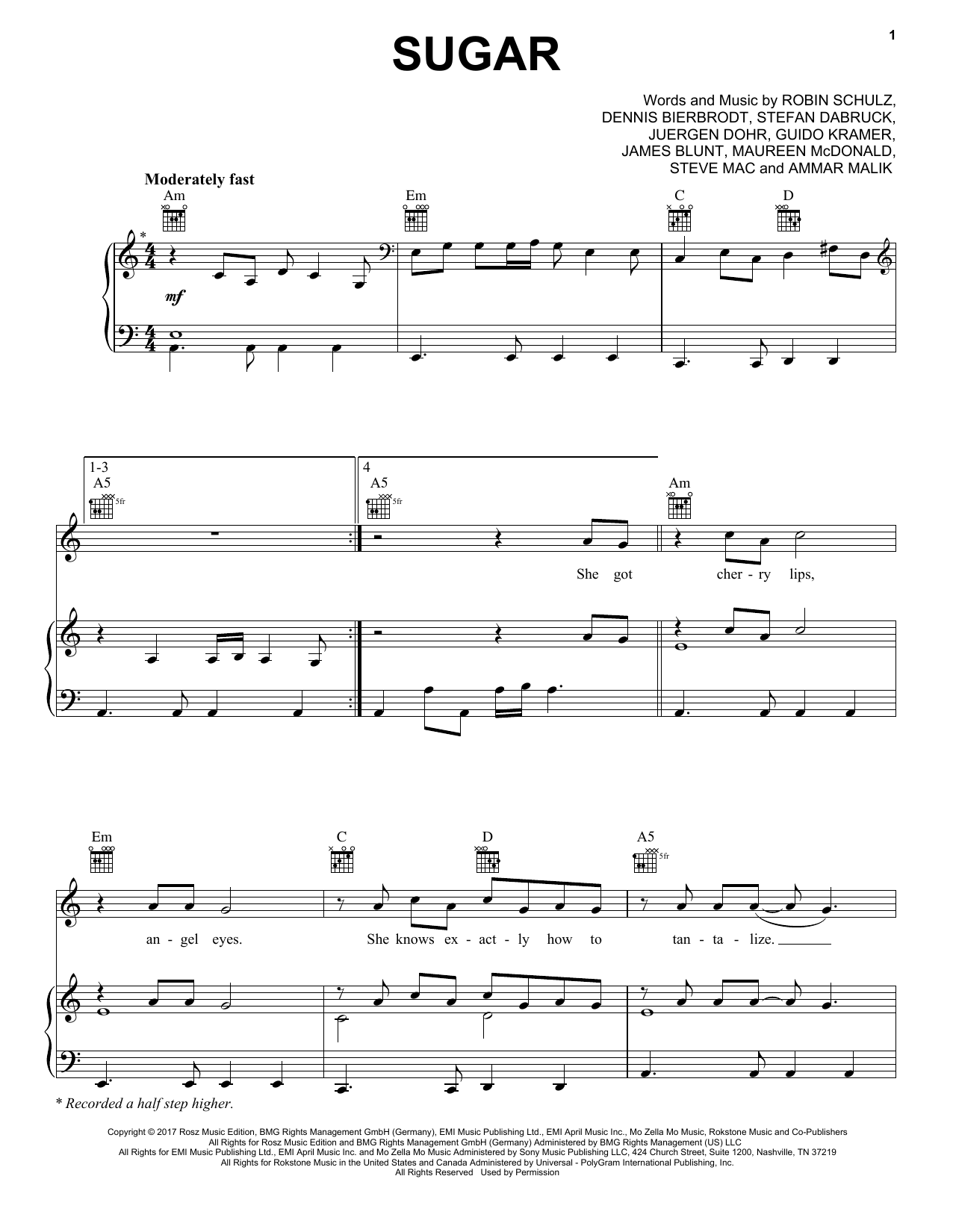 Robin Schulz Sugar (feat. Francesco Yates) Sheet Music Notes & Chords for Piano, Vocal & Guitar (Right-Hand Melody) - Download or Print PDF