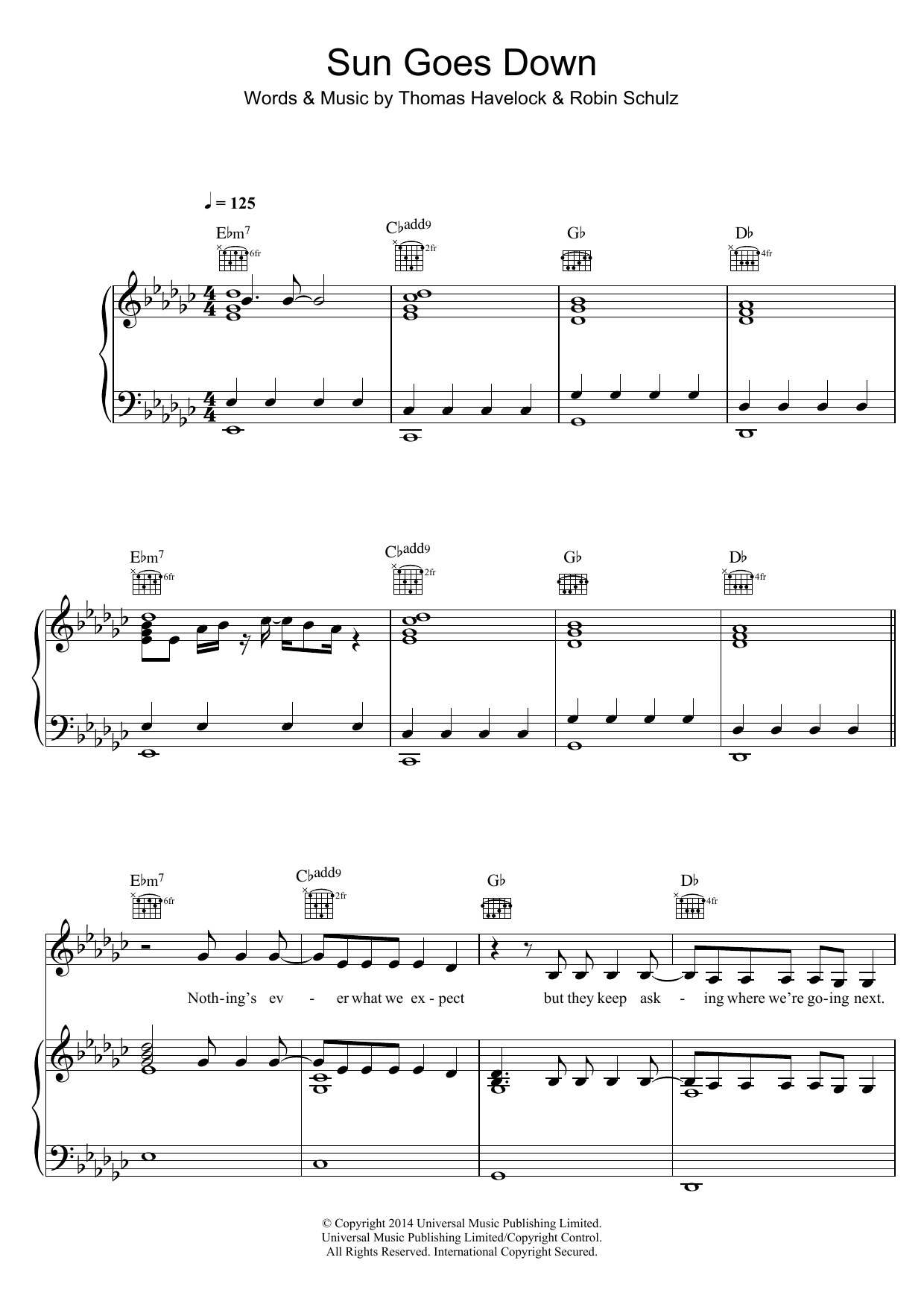 Robin Schulz Sun Goes Down (feat. Jasmine Thompson) Sheet Music Notes & Chords for Piano, Vocal & Guitar (Right-Hand Melody) - Download or Print PDF