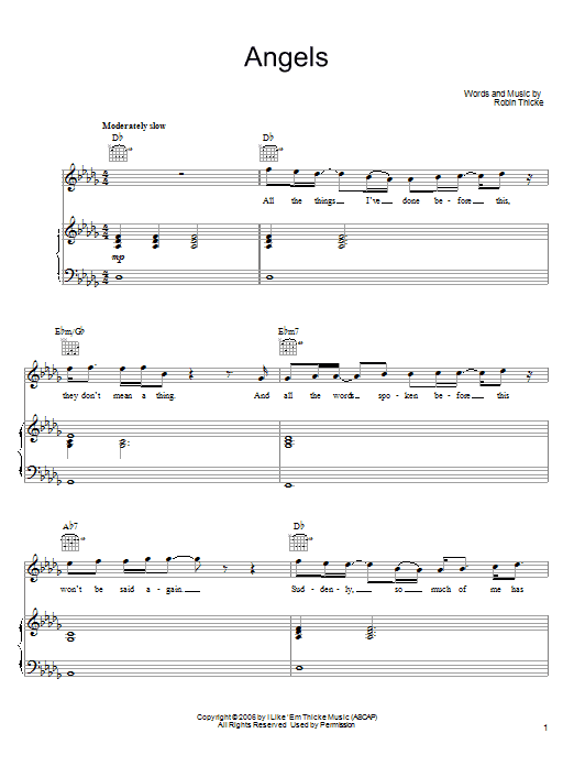 Robin Thicke Angels Sheet Music Notes & Chords for Piano, Vocal & Guitar (Right-Hand Melody) - Download or Print PDF