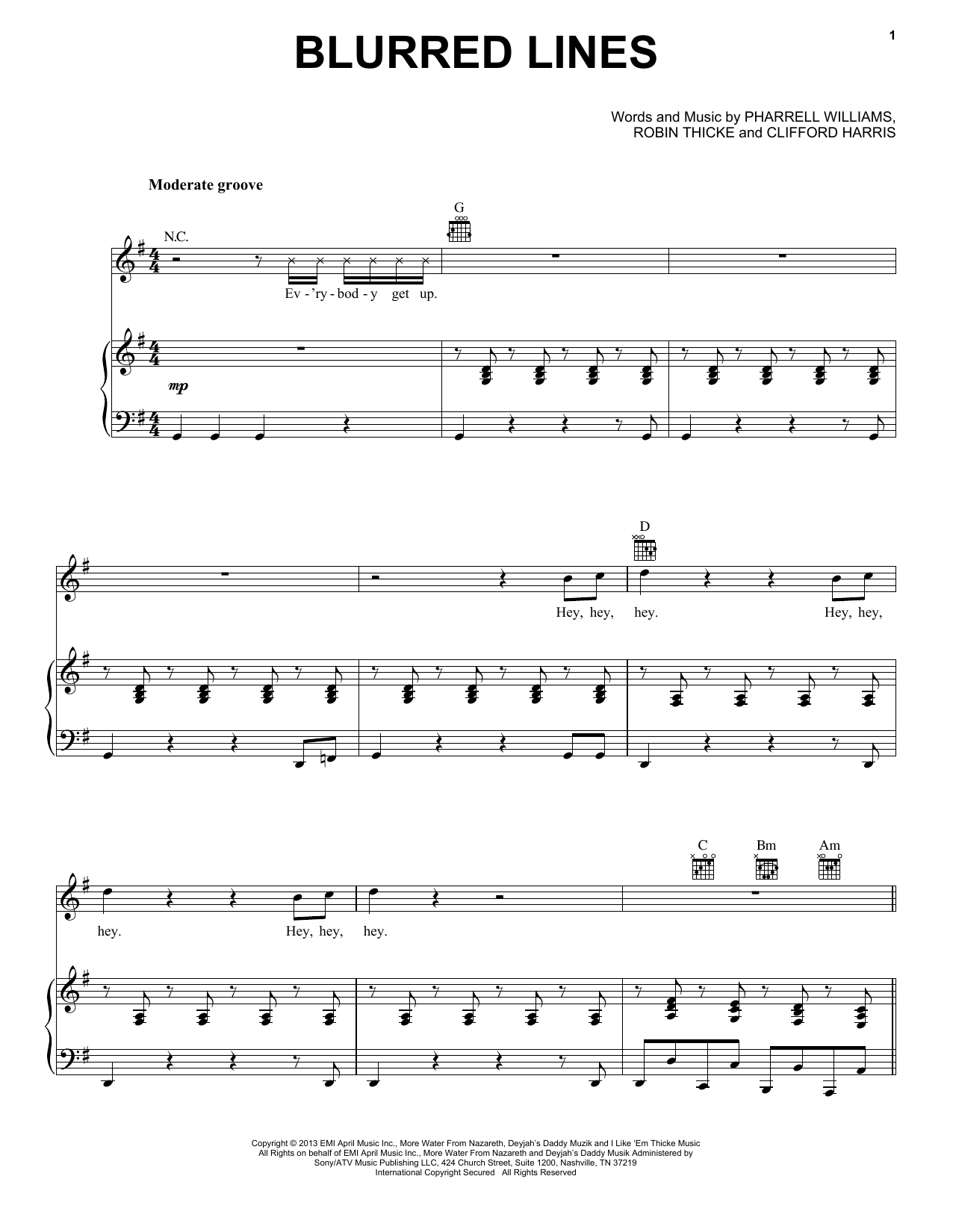 Robin Thicke Blurred Lines Sheet Music Notes & Chords for Piano, Vocal & Guitar (Right-Hand Melody) - Download or Print PDF