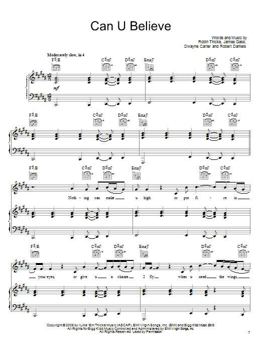 Robin Thicke Can U Believe Sheet Music Notes & Chords for Piano, Vocal & Guitar (Right-Hand Melody) - Download or Print PDF