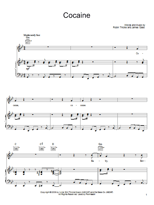 Robin Thicke Cocaine Sheet Music Notes & Chords for Piano, Vocal & Guitar (Right-Hand Melody) - Download or Print PDF