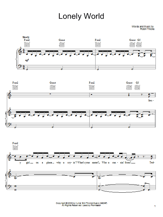 Robin Thicke Lonely World Sheet Music Notes & Chords for Piano, Vocal & Guitar (Right-Hand Melody) - Download or Print PDF