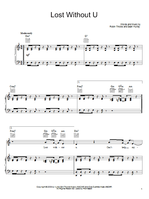 Robin Thicke Lost Without U Sheet Music Notes & Chords for Piano, Vocal & Guitar (Right-Hand Melody) - Download or Print PDF