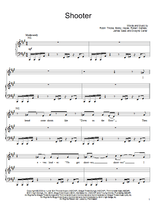 Robin Thicke Shooter Sheet Music Notes & Chords for Piano, Vocal & Guitar (Right-Hand Melody) - Download or Print PDF