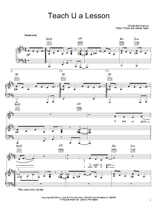 Robin Thicke Teach U A Lesson Sheet Music Notes & Chords for Piano, Vocal & Guitar (Right-Hand Melody) - Download or Print PDF