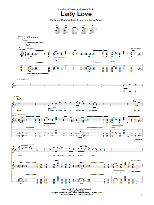 Robin Trower Lady Love Sheet Music Notes & Chords for Guitar Tab - Download or Print PDF