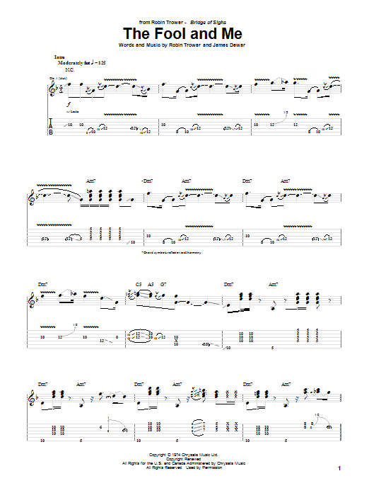 Robin Trower The Fool And Me Sheet Music Notes & Chords for Guitar Tab - Download or Print PDF