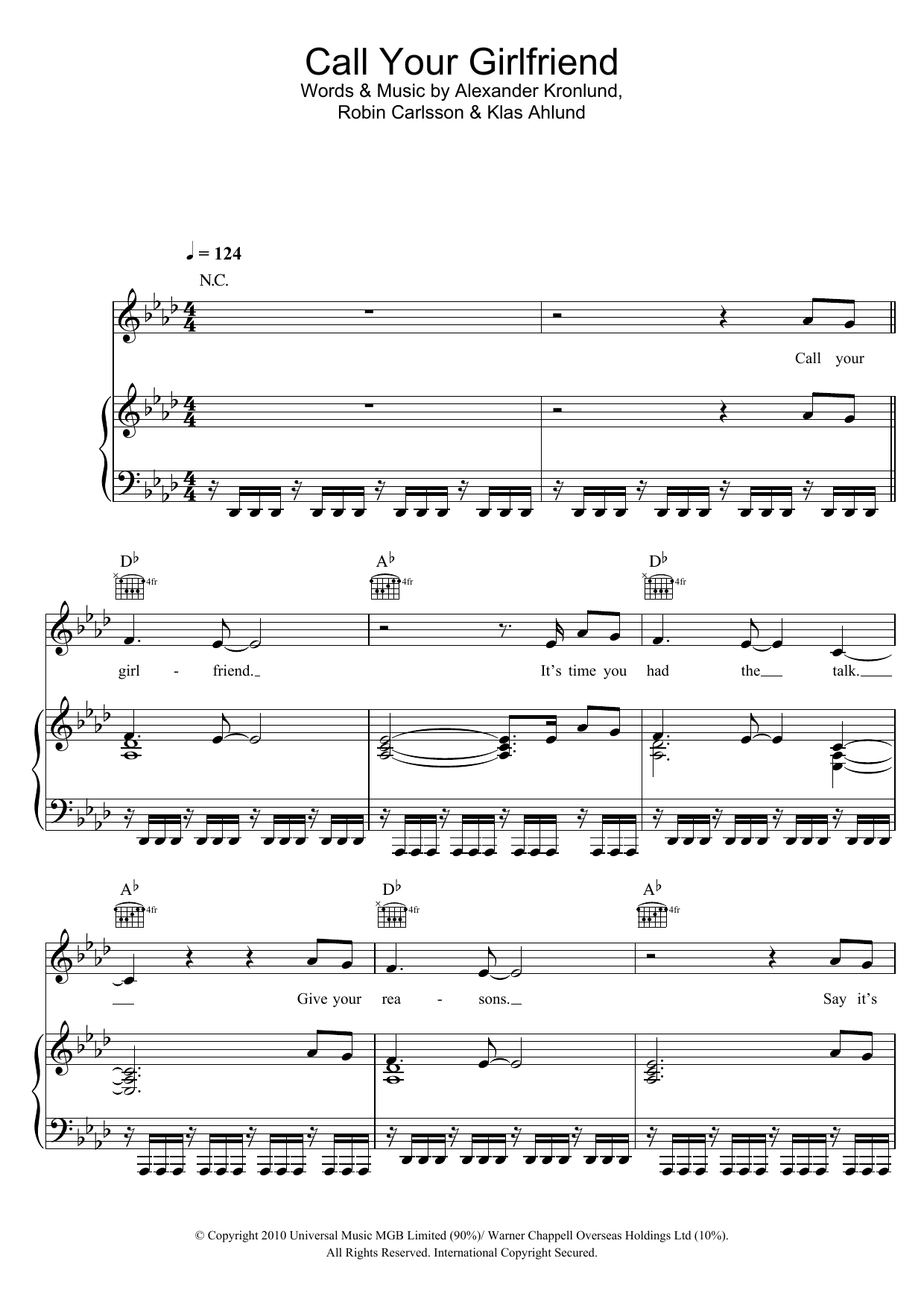 Robyn Call Your Girlfriend Sheet Music Notes & Chords for Piano, Vocal & Guitar (Right-Hand Melody) - Download or Print PDF