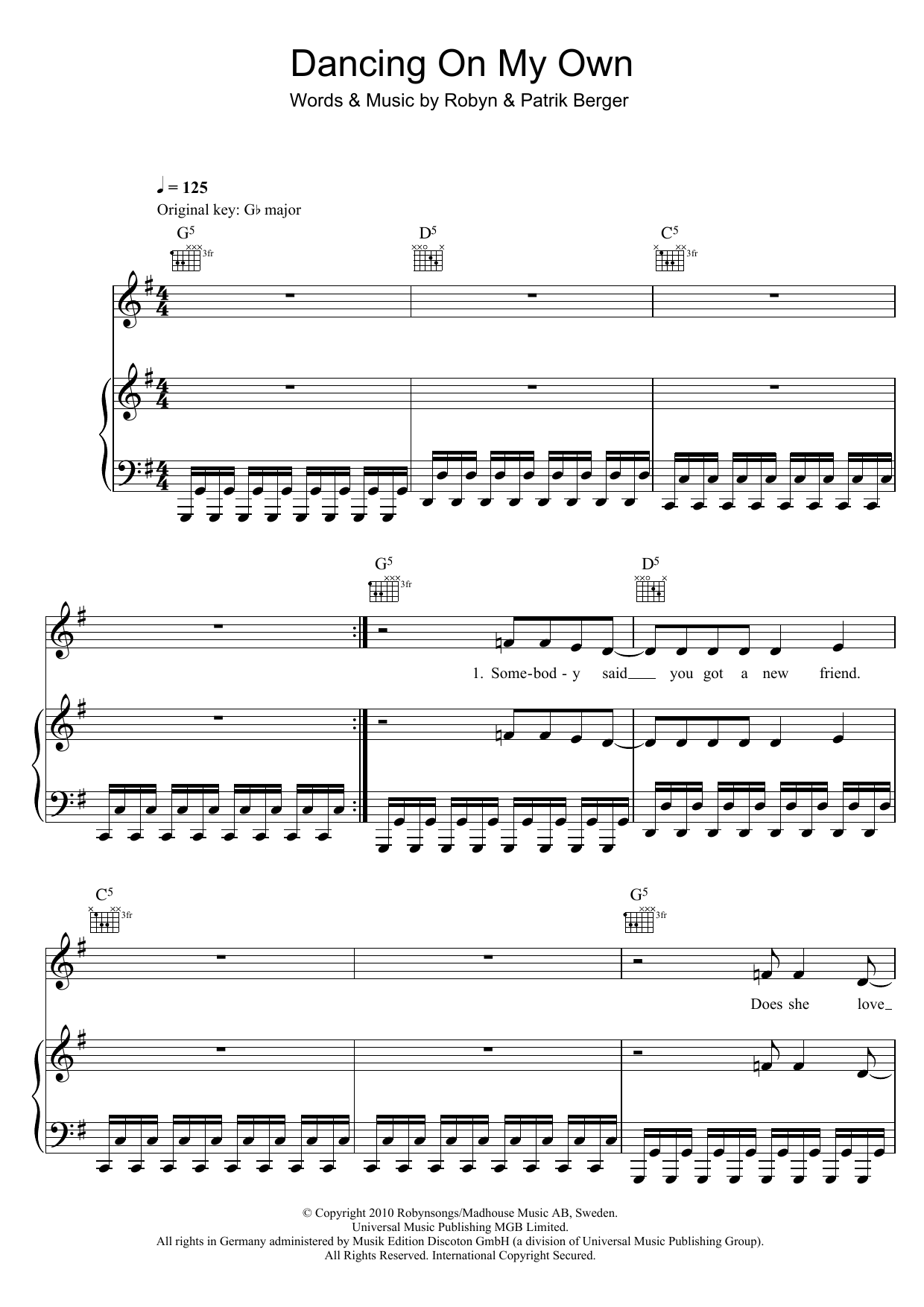 Robyn Dancing On My Own Sheet Music Notes & Chords for Piano, Vocal & Guitar (Right-Hand Melody) - Download or Print PDF