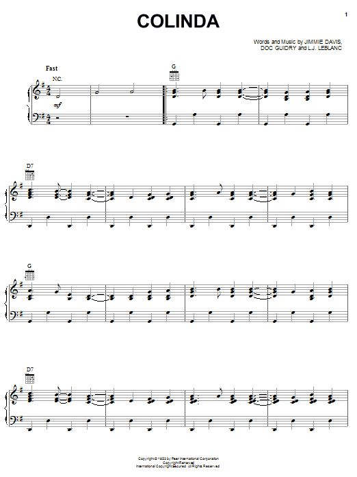 Rockin' Dopsie & The Cajun Twisters Colinda Sheet Music Notes & Chords for Piano, Vocal & Guitar (Right-Hand Melody) - Download or Print PDF Rockin' Dopsie & The Cajun Twisters Colinda Sheet Music Notes & Chords for Piano, Vocal & Guitar (Right-Hand Melody) - Download or Print PDF