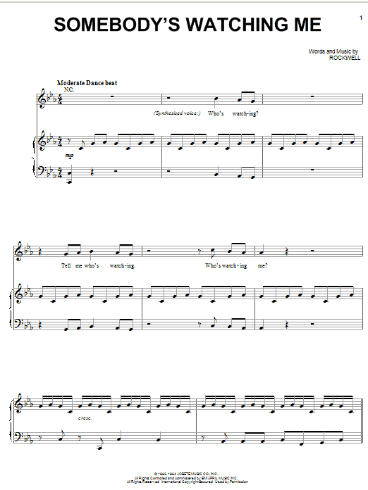 Rockwell Somebody's Watching Me Sheet Music Notes & Chords for Piano, Vocal & Guitar (Right-Hand Melody) - Download or Print PDF