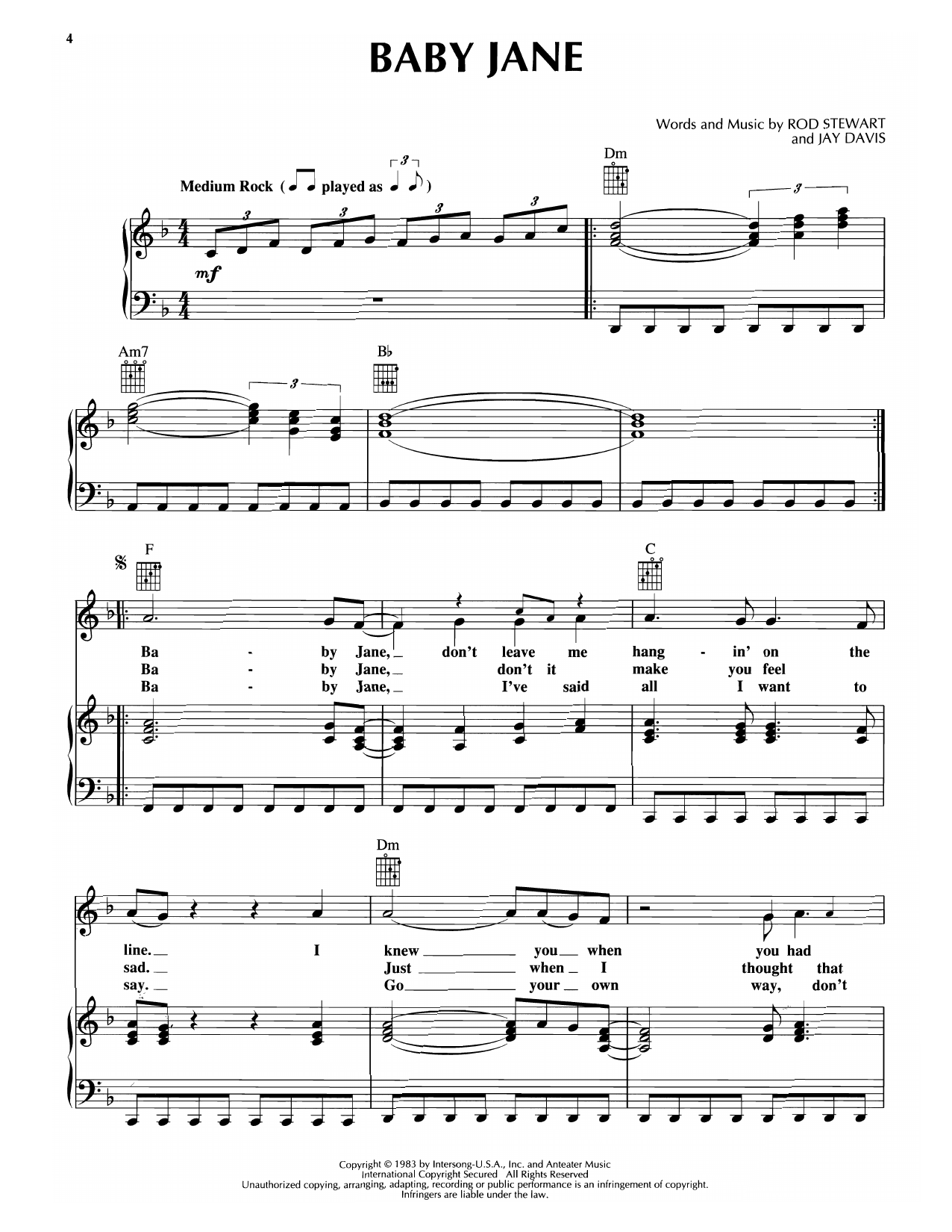 Rod Stewart Baby Jane Sheet Music Notes & Chords for Piano, Vocal & Guitar (Right-Hand Melody) - Download or Print PDF