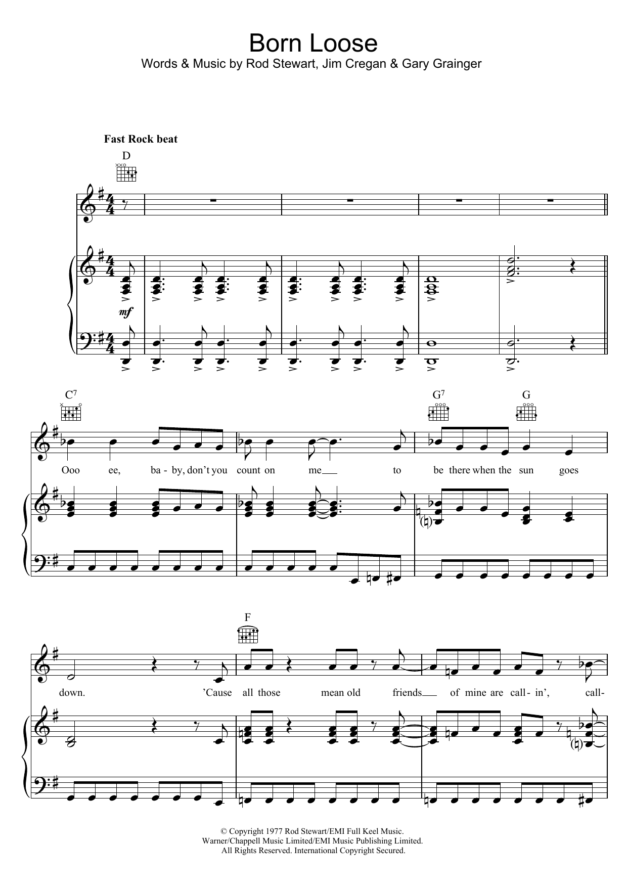 Rod Stewart Born Loose Sheet Music Notes & Chords for Piano, Vocal & Guitar (Right-Hand Melody) - Download or Print PDF