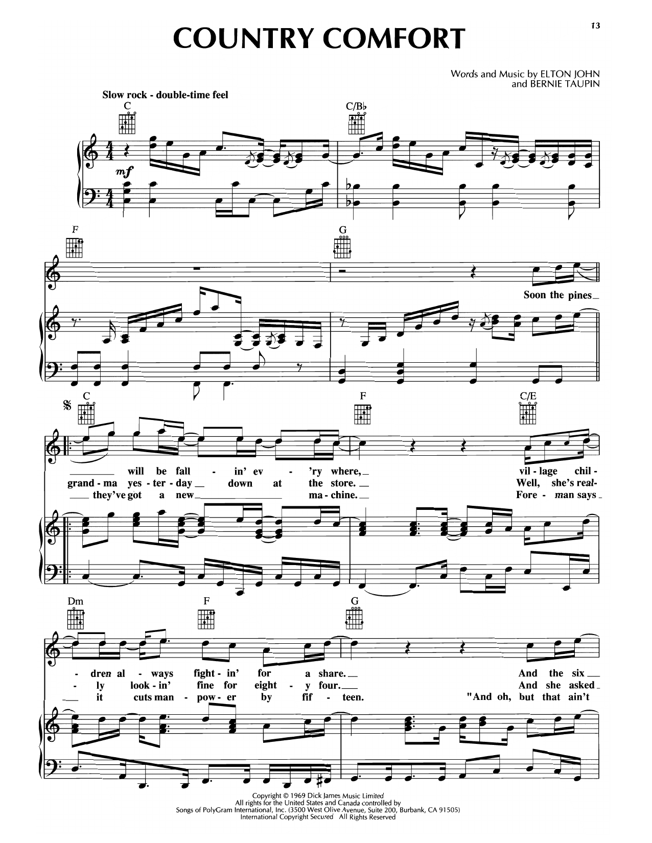 Rod Stewart Country Comfort Sheet Music Notes & Chords for Piano, Vocal & Guitar Chords (Right-Hand Melody) - Download or Print PDF