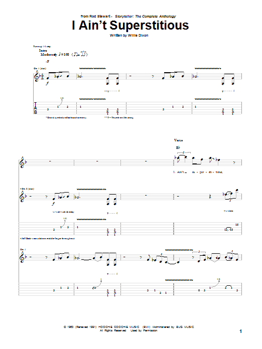 Rod Stewart I Ain't Superstitious Sheet Music Notes & Chords for Guitar Tab - Download or Print PDF