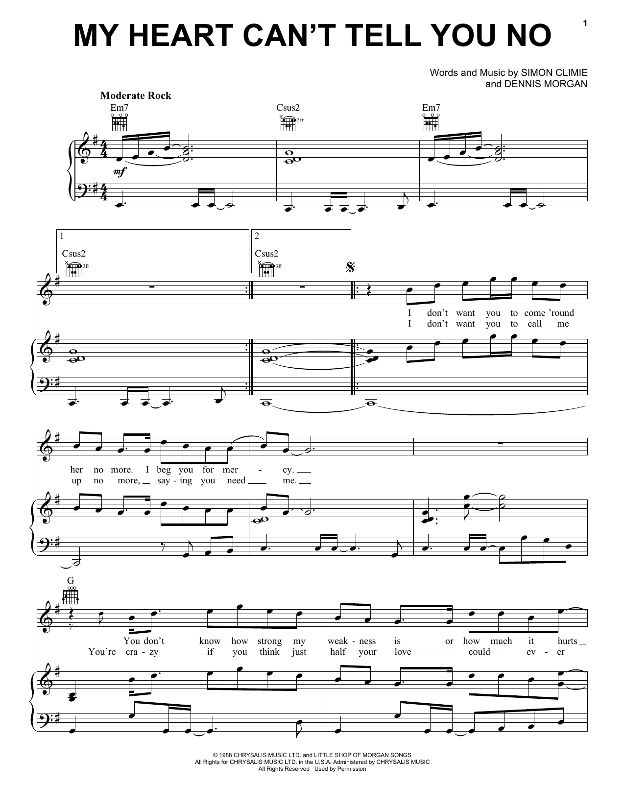 Rod Stewart My Heart Can't Tell You No Sheet Music Notes & Chords for Piano, Vocal & Guitar (Right-Hand Melody) - Download or Print PDF