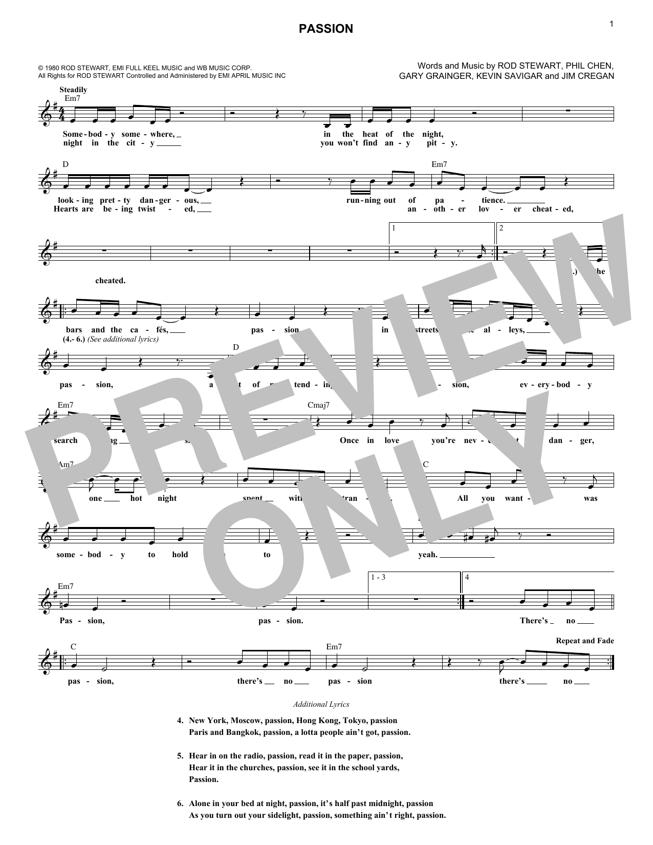 Rod Stewart Passion Sheet Music Notes & Chords for Melody Line, Lyrics & Chords - Download or Print PDF