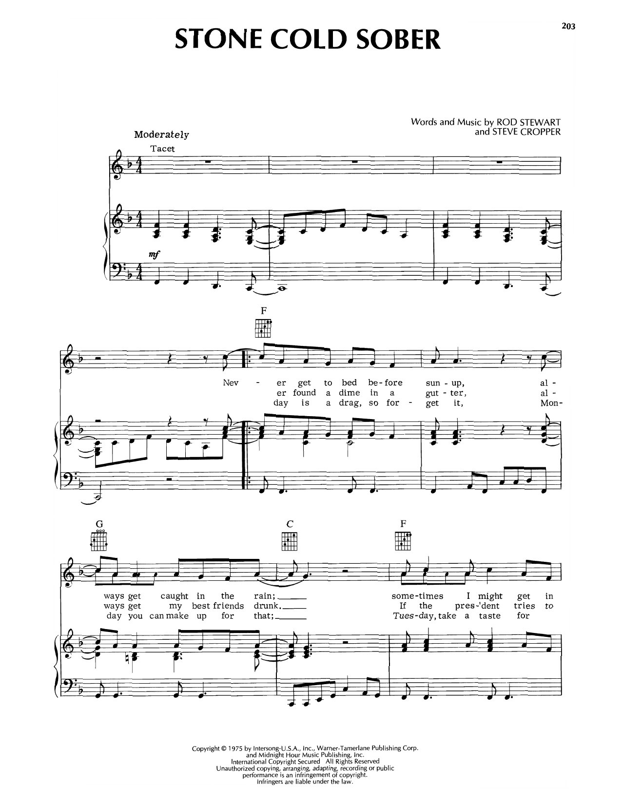 Rod Stewart Stone Cold Sober Sheet Music Notes & Chords for Piano, Vocal & Guitar Chords (Right-Hand Melody) - Download or Print PDF