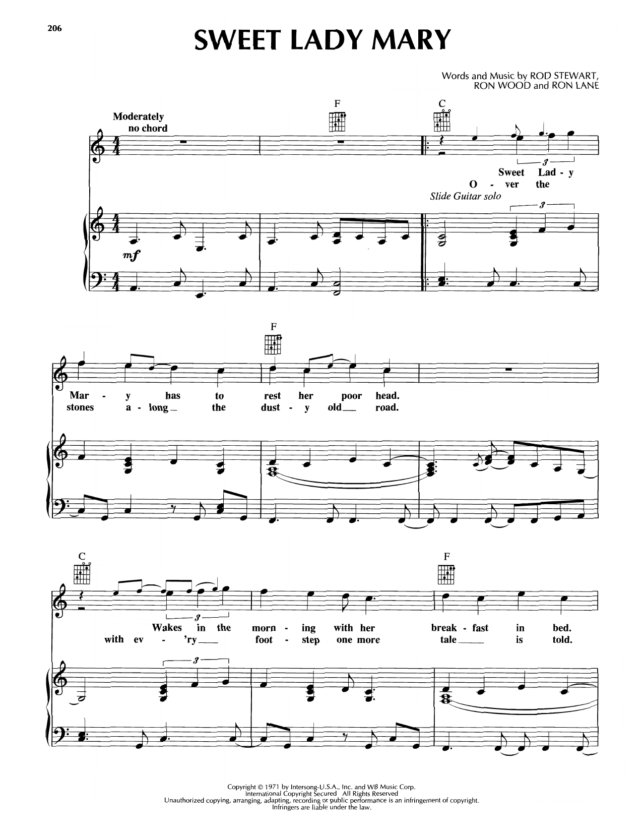 Rod Stewart Sweet Lady Mary Sheet Music Notes & Chords for Piano, Vocal & Guitar Chords (Right-Hand Melody) - Download or Print PDF