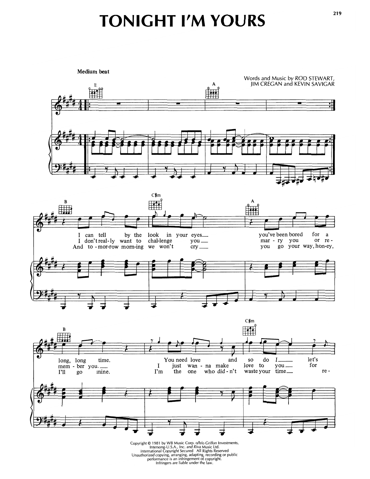 Rod Stewart Tonight I'm Yours (Don't Hurt Me) Sheet Music Notes & Chords for Piano, Vocal & Guitar Chords (Right-Hand Melody) - Download or Print PDF