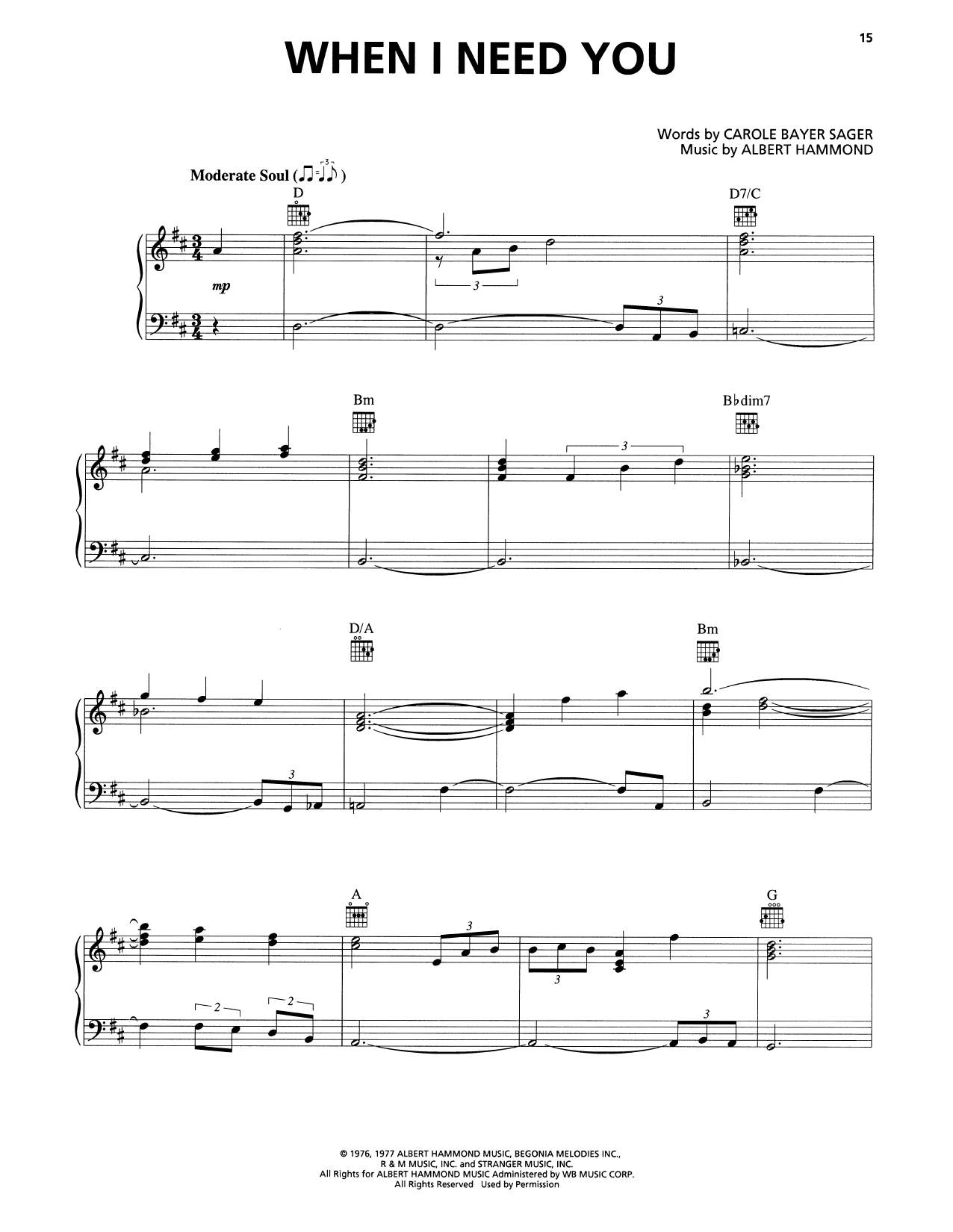 Rod Stewart When I Need You Sheet Music Notes & Chords for Piano, Vocal & Guitar (Right-Hand Melody) - Download or Print PDF