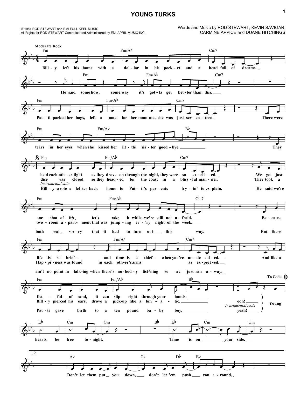 Rod Stewart Young Turks Sheet Music Notes & Chords for Melody Line, Lyrics & Chords - Download or Print PDF