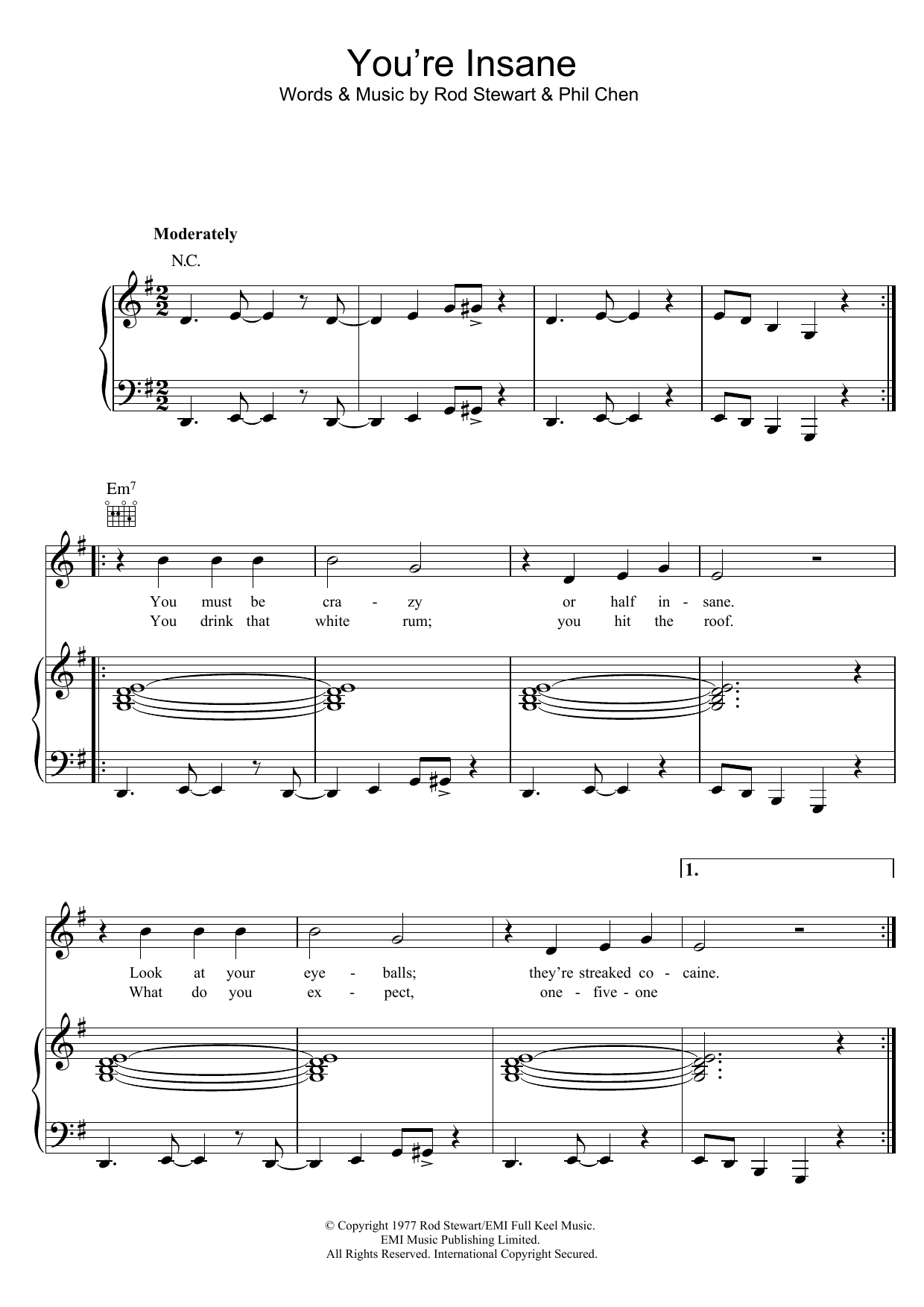 Rod Stewart You're Insane Sheet Music Notes & Chords for Piano, Vocal & Guitar - Download or Print PDF