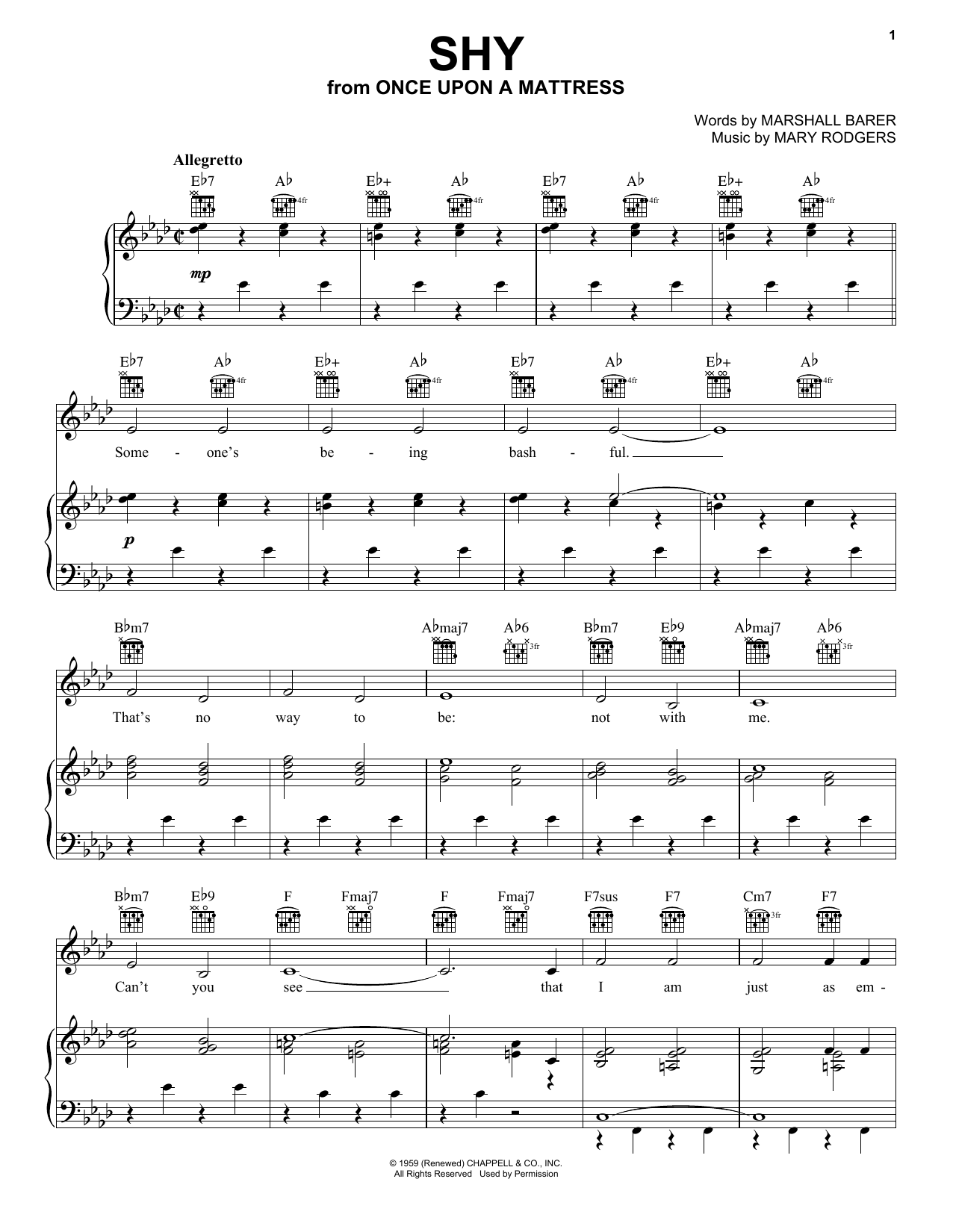 Rodgers & Barer Shy Sheet Music Notes & Chords for Piano, Vocal & Guitar (Right-Hand Melody) - Download or Print PDF