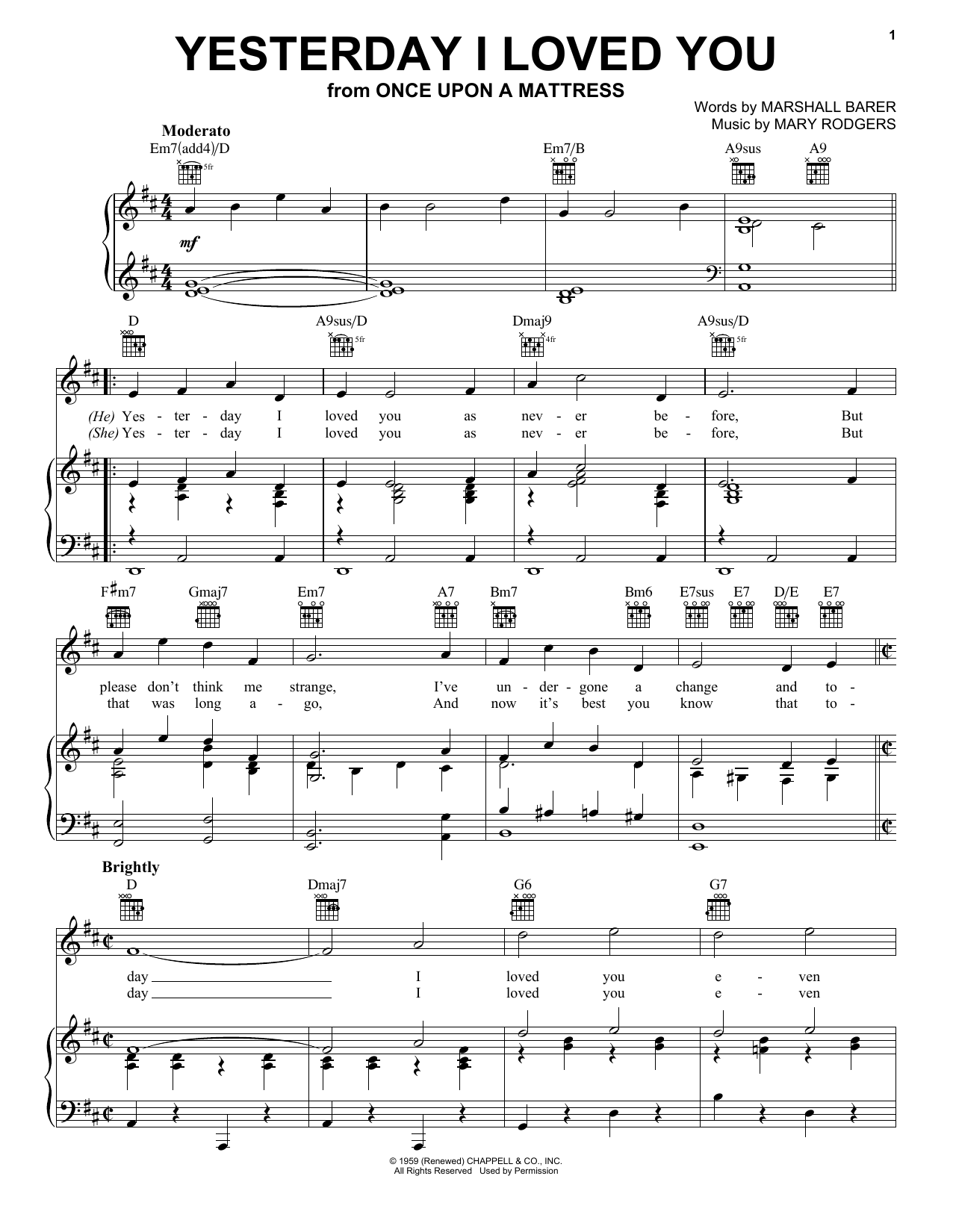 Rodgers & Barer Yesterday I Loved You Sheet Music Notes & Chords for Piano, Vocal & Guitar (Right-Hand Melody) - Download or Print PDF