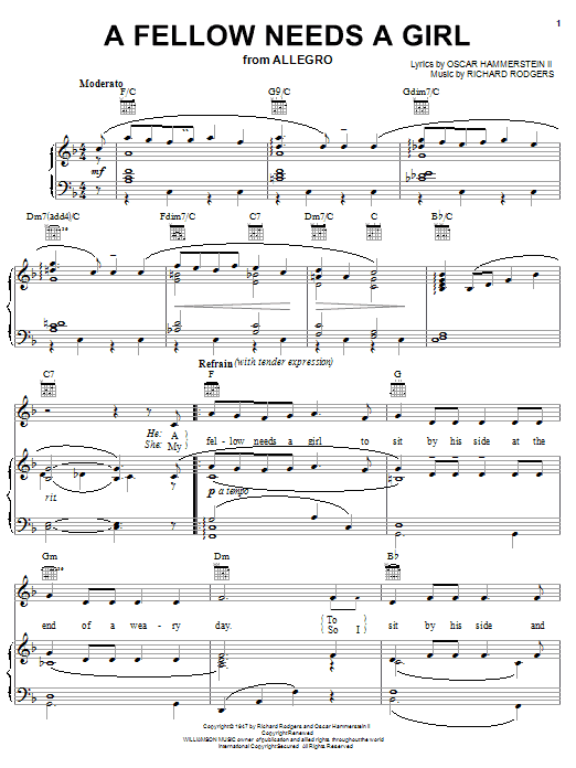 Rodgers & Hammerstein A Fellow Needs A Girl (from Allegro) Sheet Music Notes & Chords for Piano, Vocal & Guitar (Right-Hand Melody) - Download or Print PDF