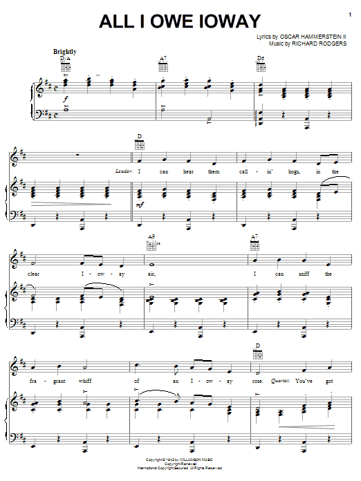 Rodgers & Hammerstein All I Owe Ioway Sheet Music Notes & Chords for Piano, Vocal & Guitar (Right-Hand Melody) - Download or Print PDF Rodgers & Hammerstein All I Owe Ioway Sheet Music Notes & Chords for Piano, Vocal & Guitar (Right-Hand Melody) - Download or Print PDF