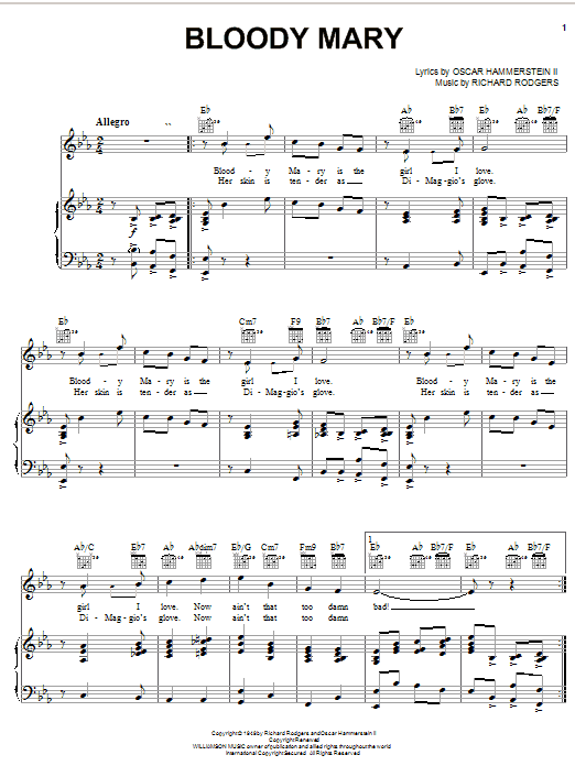 Rodgers & Hammerstein Bloody Mary Sheet Music Notes & Chords for Piano, Vocal & Guitar (Right-Hand Melody) - Download or Print PDF Rodgers & Hammerstein Bloody Mary Sheet Music Notes & Chords for Piano, Vocal & Guitar (Right-Hand Melody) - Download or Print PDF