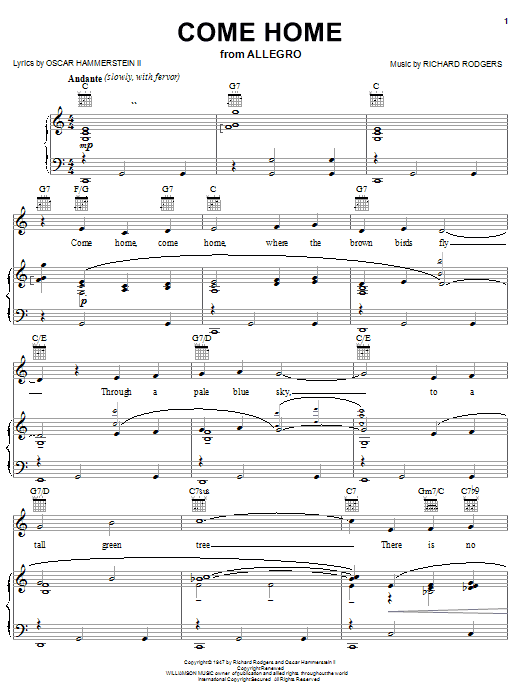 Rodgers & Hammerstein Come Home Sheet Music Notes & Chords for Piano, Vocal & Guitar (Right-Hand Melody) - Download or Print PDF