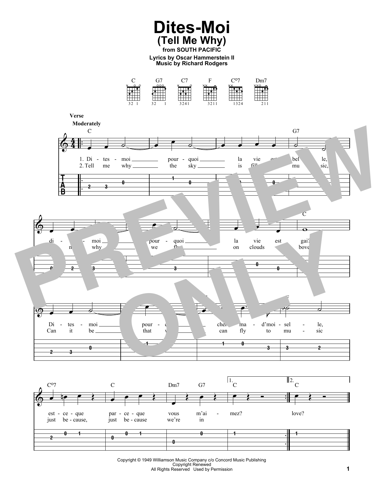 Rodgers & Hammerstein Dites-Moi (Tell Me Why) (from South Pacific) Sheet Music Notes & Chords for Easy Guitar Tab - Download or Print PDF
