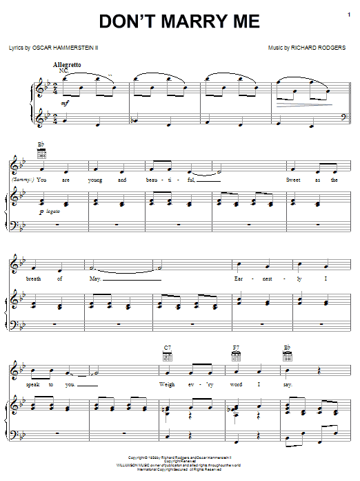 Rodgers & Hammerstein Don't Marry Me Sheet Music Notes & Chords for Piano, Vocal & Guitar (Right-Hand Melody) - Download or Print PDF