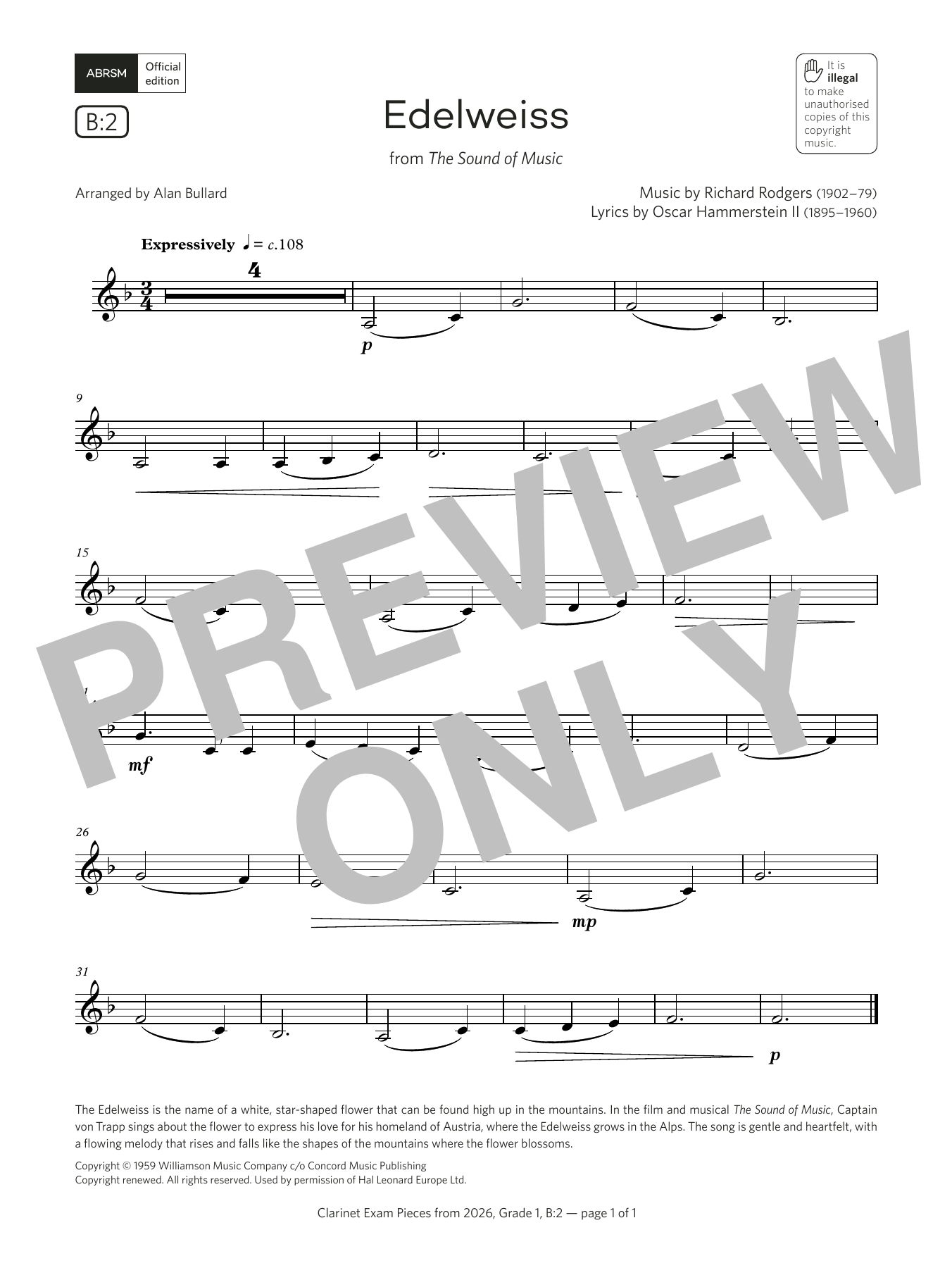 Rodgers & Hammerstein Edelweiss (Grade 1, list B2, from the ABRSM Clarinet Syllabus from 2026) Sheet Music Notes & Chords for Clarinet Solo - Download or Print PDF Rodgers & Hammerstein Edelweiss (Grade 1, list B2, from the ABRSM Clarinet Syllabus from 2026) Sheet Music Notes & Chords for Clarinet Solo - Download or Print PDF