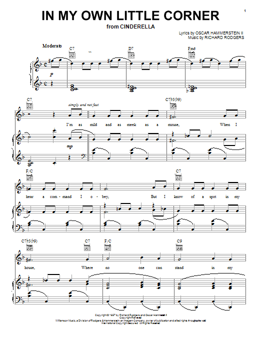 Rodgers & Hammerstein In My Own Little Corner (from Cinderella the Musical) Sheet Music Notes & Chords for Piano, Vocal & Guitar (Right-Hand Melody) - Download or Print PDF