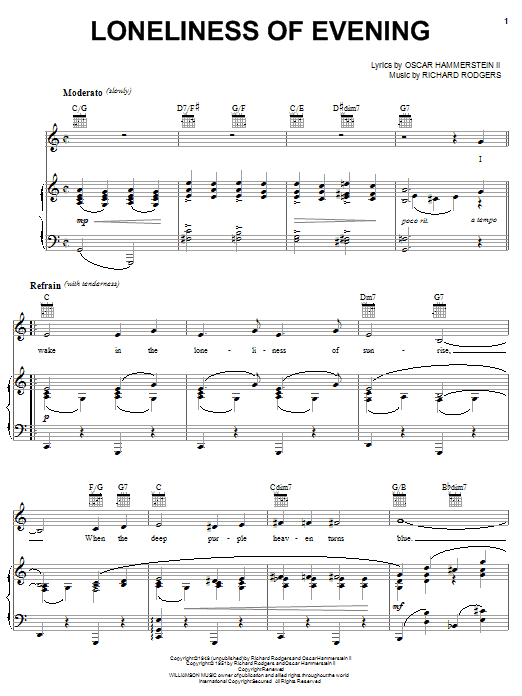 Rodgers & Hammerstein Loneliness Of Evening Sheet Music Notes & Chords for Piano, Vocal & Guitar (Right-Hand Melody) - Download or Print PDF