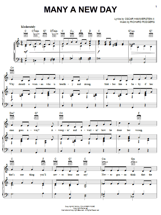 Rodgers & Hammerstein Many A New Day (from Oklahoma!) Sheet Music Notes & Chords for Piano, Vocal & Guitar (Right-Hand Melody) - Download or Print PDF