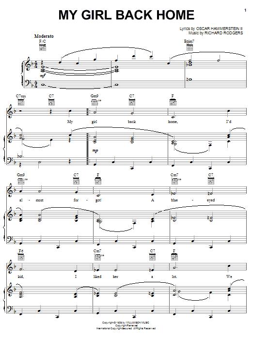 Rodgers & Hammerstein My Girl Back Home Sheet Music Notes & Chords for Piano, Vocal & Guitar (Right-Hand Melody) - Download or Print PDF