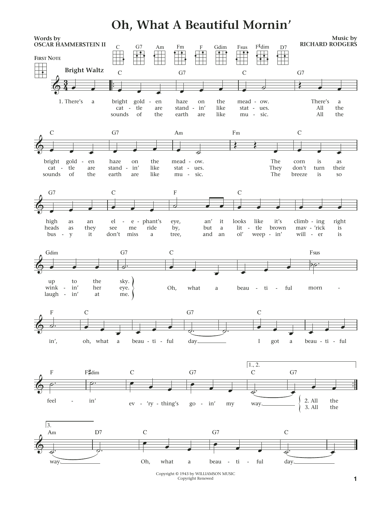 Rodgers & Hammerstein Oh, What A Beautiful Mornin' (from Oklahoma!) (arr. Liz and Jim Beloff) Sheet Music Notes & Chords for Ukulele - Download or Print PDF