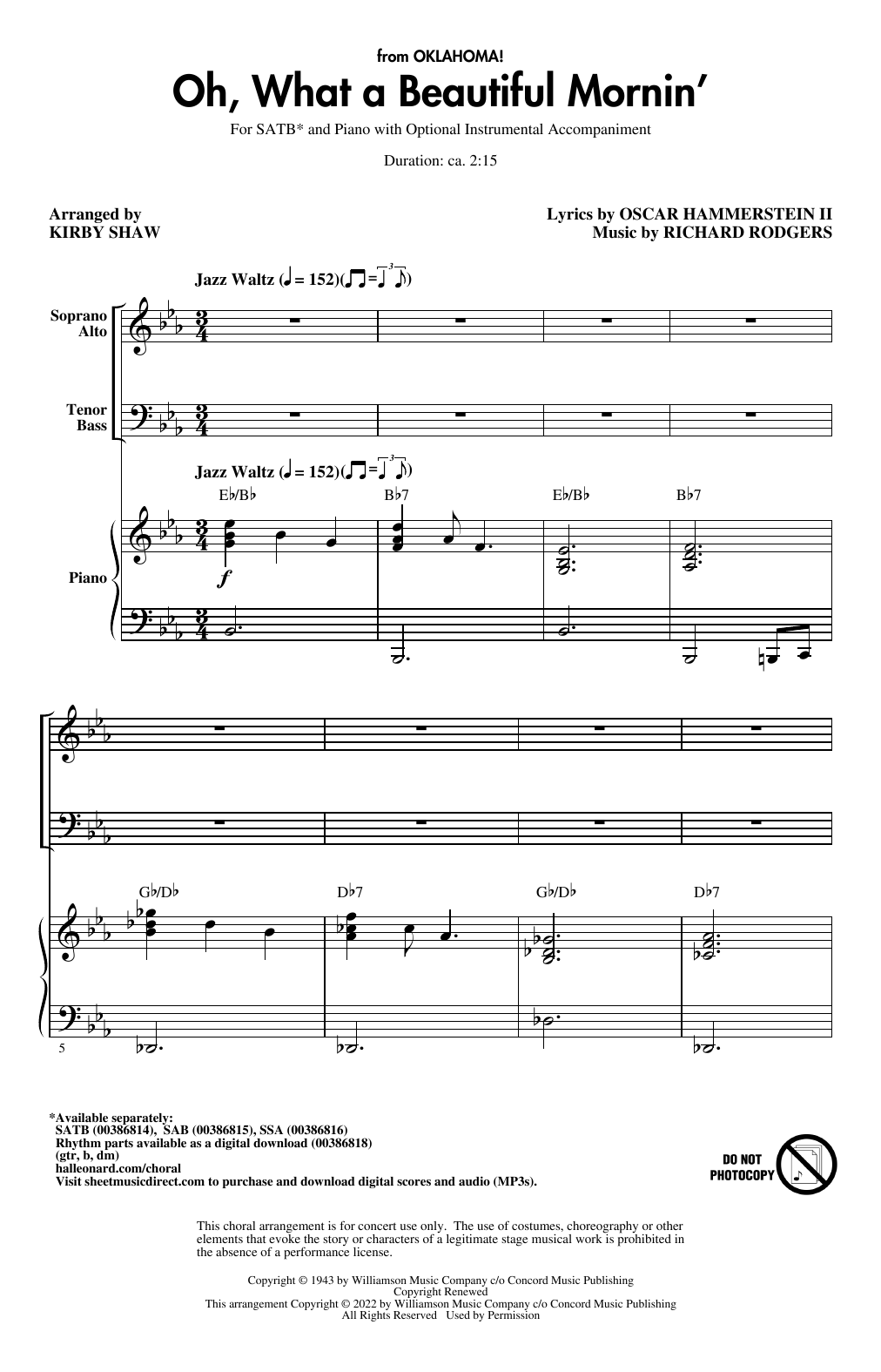 Rodgers & Hammerstein Oh, What A Beautiful Mornin' (from Oklahoma!) (arr. Kirby Shaw) Sheet Music Notes & Chords for SATB Choir - Download or Print PDF