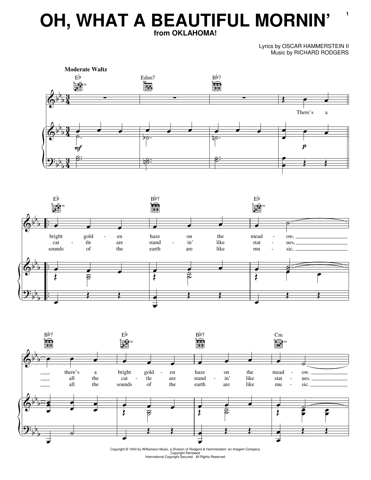 Rodgers & Hammerstein Oh, What A Beautiful Mornin' (from Oklahoma!) Sheet Music Notes & Chords for Real Book - Melody, Lyrics & Chords - C Instruments - Download or Print PDF