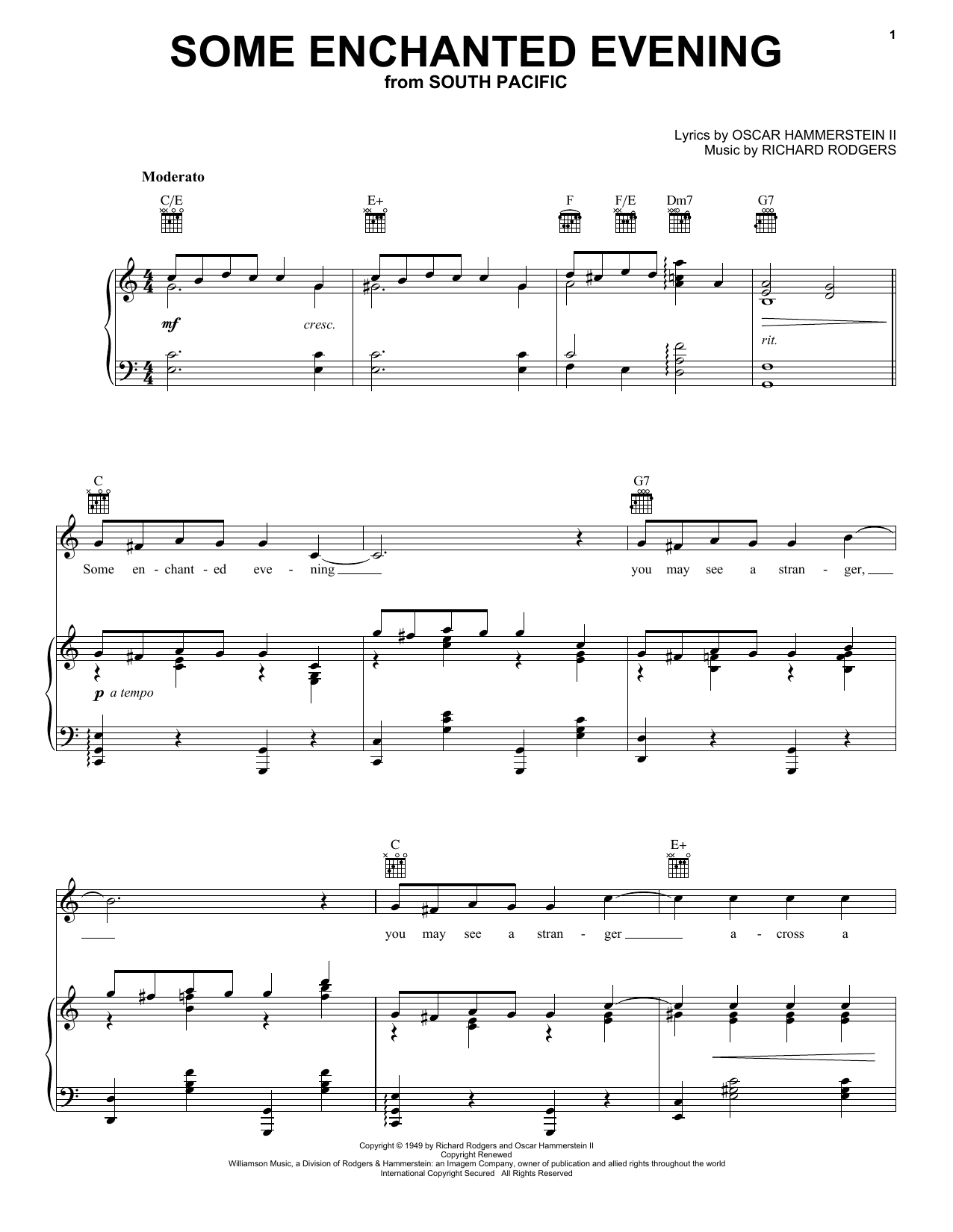Rodgers & Hammerstein Some Enchanted Evening Sheet Music Notes & Chords for Piano, Vocal & Guitar (Right-Hand Melody) - Download or Print PDF