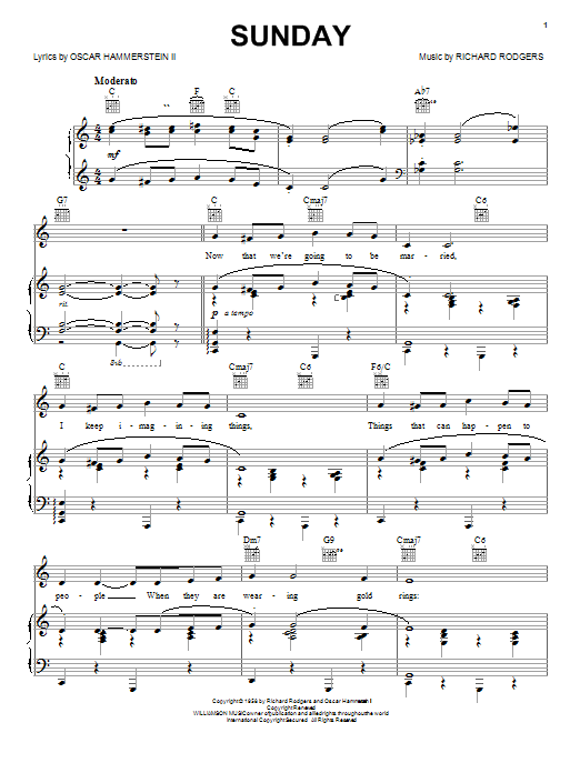 Rodgers & Hammerstein Sunday Sheet Music Notes & Chords for Piano, Vocal & Guitar (Right-Hand Melody) - Download or Print PDF Rodgers & Hammerstein Sunday Sheet Music Notes & Chords for Piano, Vocal & Guitar (Right-Hand Melody) - Download or Print PDF