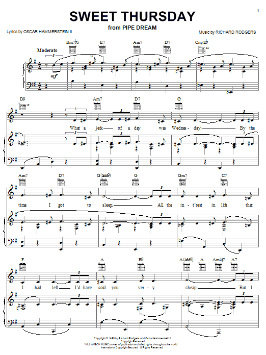 Rodgers & Hammerstein Sweet Thursday Sheet Music Notes & Chords for Piano, Vocal & Guitar (Right-Hand Melody) - Download or Print PDF